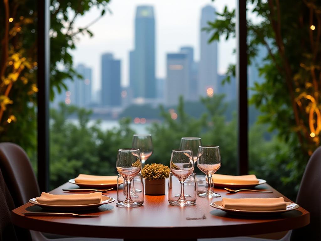 An intimate dining table at Canopy Nest, with a view of the Singapore skyline through lush leaves.
