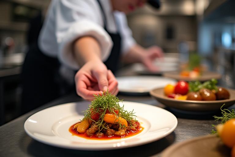 The Head Chef meticulously plating a complex dish at the Chef's Table.
