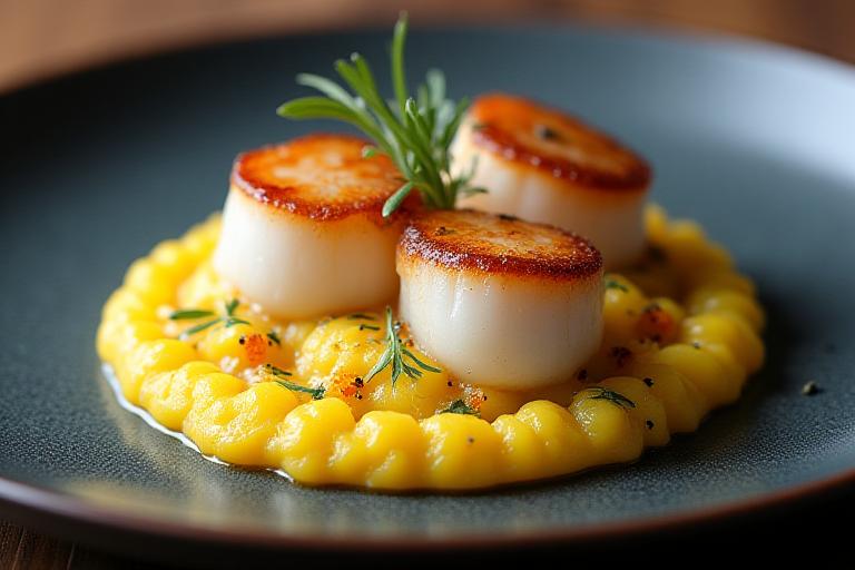 A beautifully plated dish of pan-seared scallops on saffron risotto.